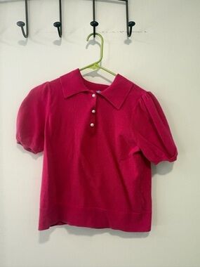 CeCe Hot Pink Puff Sleeve Polo with Pearl Buttons
